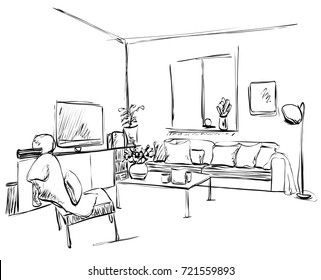 Hand drawn sketch of modern living room interior with a sofa, pillows, small coffee table, bookshelf, lamps and pictures.