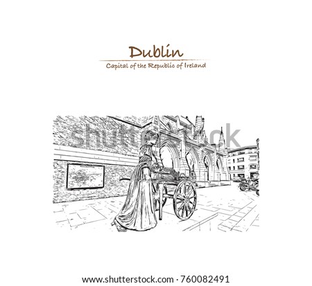 Hand drawn sketch of the Molly Malone statue in Grafton Street, is a popular song, set in Dublin, Ireland in vector illustration.