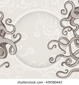 Hand drawn sketch of monster octopus. Border of feelers. Vector illustration for cards. 