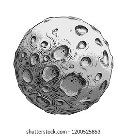 Hand Drawn Sketch Of Moon Planet In Black And White Color, Isolated On White Background. Detailed Vintage Style Drawing. Vector Illustration