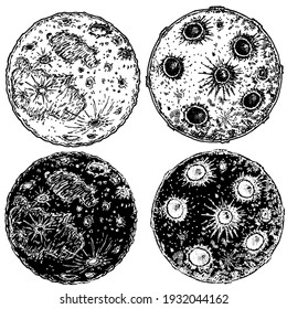 Hand drawn sketch of moon planet in monochrome isolated on white background. Moon logo design. Full moon. Style illustration for posters, decoration and print. Detailed vintage woodcut style drawing.