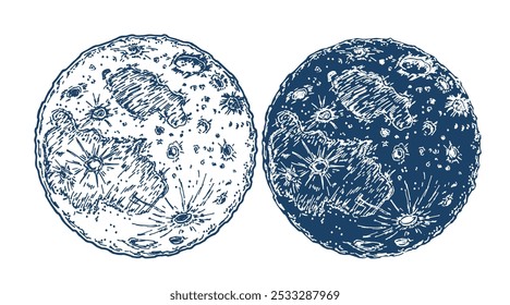 Hand drawn sketch of moon planet in monochrome isolated on white background. Moon logo design. Full moon. Style illustration for posters, decoration and print. Detailed vintage woodcut style drawing.