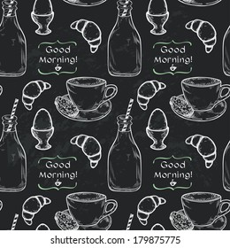 Hand drawn sketch of morning cup of coffee, boiled egg, bottle of milk and croissant. Vintage style breakfast seamless pattern on chalkboard background.