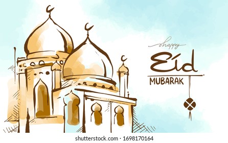 Hand drawn Sketch of mosque for Eid mubarak greetings card with watercolor Background. Greetings card for ramadan kareem celebartion. Vector Illustration.