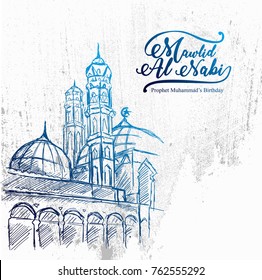 Hand drawn Sketch of Mosque for Mawlid Al Nabi or Prophet Muhammad's Birthday with grunge Background. Vector Illustration