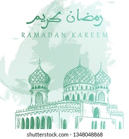 Hand drawn Sketch of mosque, with Ramadan Kareem Arabic calligraphy watercolor Background. Vector Illustration - Vector