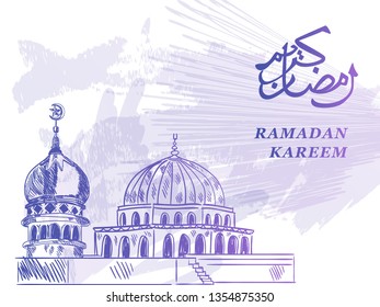 Hand drawn Sketch of mosque, with Ramadan Kareem Arabic calligraphy watercolor Background. Vector Illustration - Vector