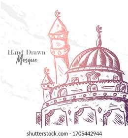 Esbozo dibujado a mano de la mezquita para la tarjeta de saludos ramadan , afiche , banner con fondo vintage y textura grunge. Listo para usar. Ilustración vectorial