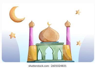 Hand drawn Sketch of Mosque for Ramadan and Eid mubarak greetings card with watercolor Background. Vector Illustration