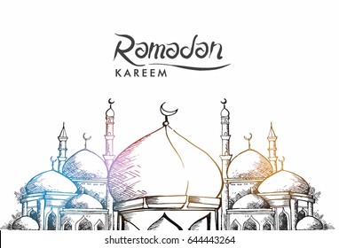 Hand drawn Sketch of mosque for ramadan greetings card with vintage Background. Vector Illustration.