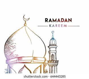 Hand drawn Sketch of mosque for ramadan greetings card with vintage Background. Vector Illustration