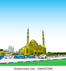 Hand drawn sketch of Mosque with skyscrapers in Dubai Marina district, UAE. Illustration, vector. 