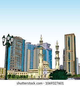 Hand drawn sketch of Mosque with skyscrapers in Dubai Marina district, UAE. Illustration, vector. 