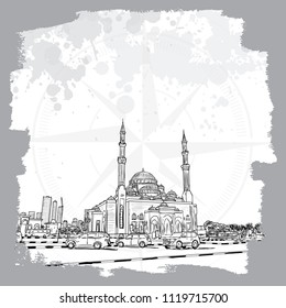 Hand drawn sketch of Mosque with skyscrapers in Dubai Marina district, UAE. Illustration, vector. 
