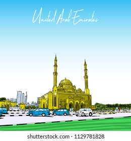 Hand drawn sketch of Mosque with skyscrapers in Dubai Marina district, UAE. Illustration, vector. 