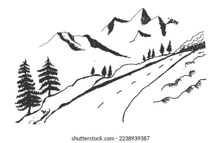 Hand drawn sketch of mountain road vector illustration concept drawing sketch design vector.