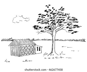 Hand drawn sketch of mountains house and tree monochrome vintage illustration in doodle style