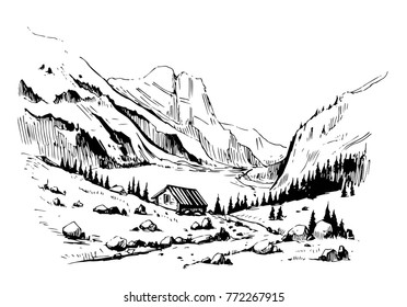 Hand Drawn Sketch With Mountains And Lake. Vector. Isolated