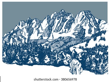  Hand drawn sketch of mountains panorama with snow, pine tree, rocks, stones, hills. Ink design of illustration. postcards. 