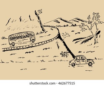 Hand drawn sketch of mountains panorama monochrome vintage illustration in doodle style
