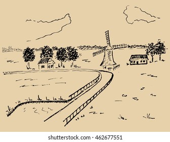 Hand drawn sketch of mountains panorama with windmill. monochrome vintage illustration in doodle style
