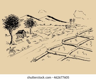 Hand drawn sketch of mountains panorama monochrome vintage illustration in doodle style