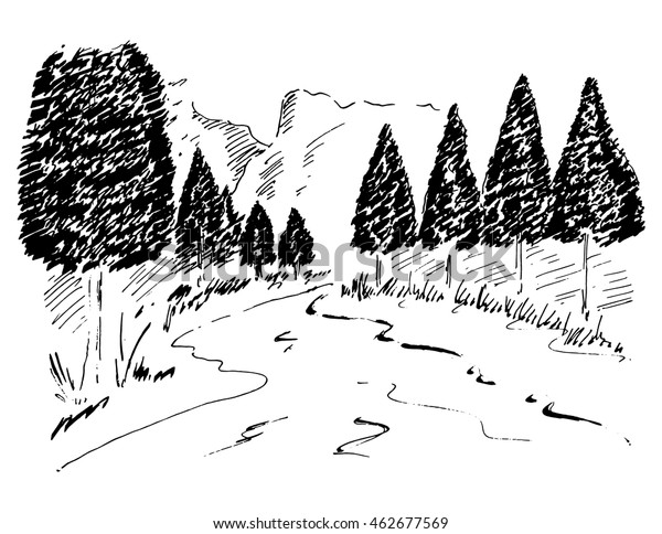 Hand Drawn Sketch Mountains River Trees Stock Vector (royalty Free 