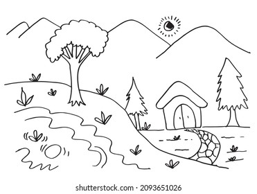 Hand drawn sketch of mountains with sun, house and tree vector illustration.