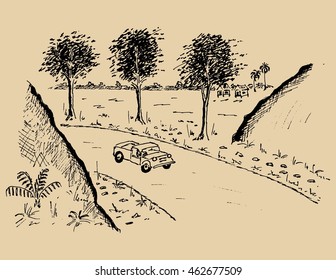 Hand drawn sketch of mountains with trees alongside road. panorama monochrome vintage illustration in doodle style