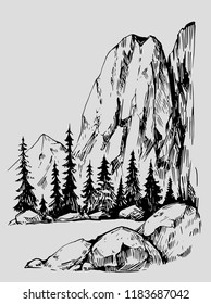 Hand drawn sketch with mountains, trees,stouns and lake. Vector. Isolated