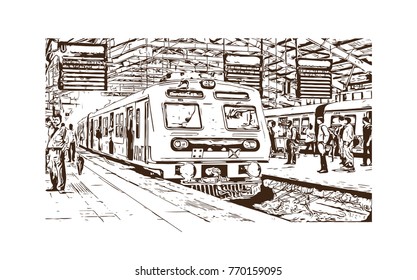 Hand drawn sketch of Mumbai Local train, Mumbai, India in vector illustration.