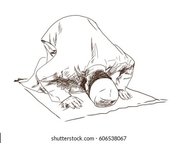 Hand Drawn Sketch Of A Muslim Man Praying In Vector Illustration.