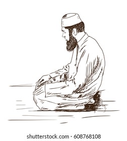Hand drawn sketch of a Muslim man praying in vector illustration.