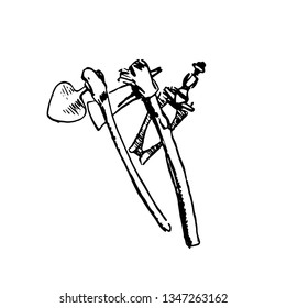 Hand drawn sketch of native African weapon black on white background