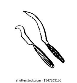 Hand drawn sketch of native African weapon black on white background