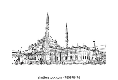 Hand drawn sketch of New Mosque Istanbul, Turkey in vector illustration.