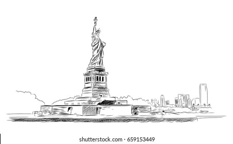 Hand drawn sketch of new york city skyline cityscape with statue of liberty over hudson river. with midtown Manhattan skyscrapers in USA America. Vector illustration.
