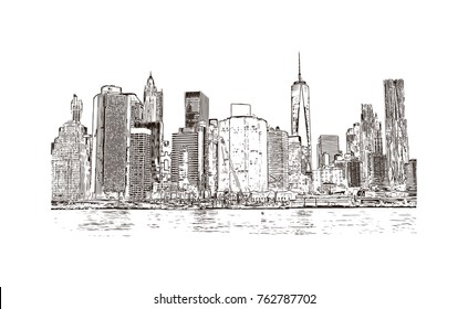 Hand drawn sketch of New York City skyline in vector illustration.