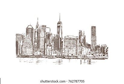 Hand drawn sketch of New York City skyline in vector illustration.