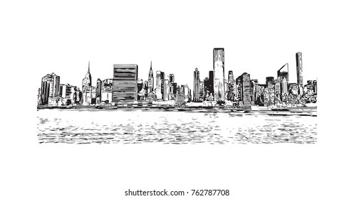 Hand drawn sketch of New York City skyline in vector illustration.