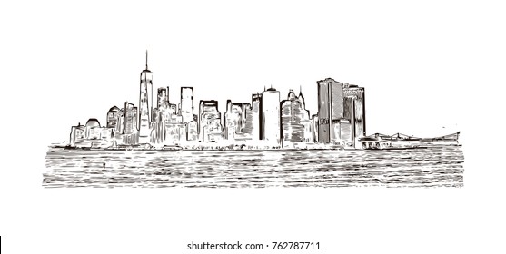Hand drawn sketch of New York City skyline in vector illustration.