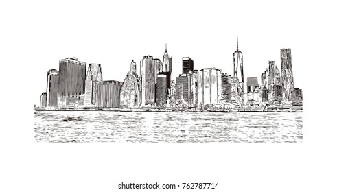 Hand drawn sketch of New York City skyline in vector illustration.