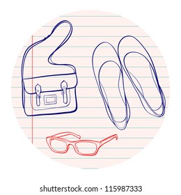 Hand drawn sketch. Notebook doodles with bag, eyeglasses and flat shoes. Vector Illustration. Design elements on lined notebook paper.