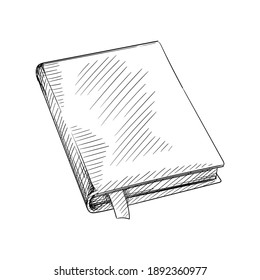 Hand drawn sketch of notebook with pen on a white background. Notebook,  sketchbook, spring notebook, dairy, dot grid notebook 