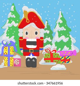 Hand drawn sketch nutcracker with gifts near the christmas tree, greeting card. Vector illustration.