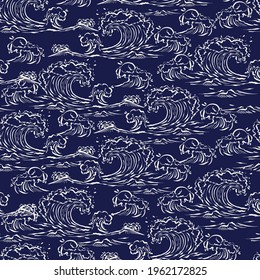 Hand drawn sketch Ocean wave marine mood seamless pattern Vector Eps10 ,Design for fashion , fabric, textile, wallpaper, cover, web , wrapping and all prints on Navy blue background color