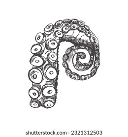 Hand drawn sketch of octopus tentacle. Vector aquatic monochrome  illustration isolated on white background.	 