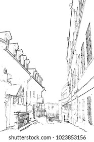 Hand drawn sketch of old town street. Vector illustration. 