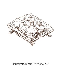 Hand drawn sketch of old vintage plate filled with a delicious cookie and cakes on a white background. Vector illustration. Food elements for menu design. Vintage breakfast. 