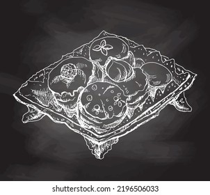 Hand drawn sketch of old vintage plate filled with a delicious cookie and cakes. Vector illustration. Food elements for menu design. White sketch isolated on black chalkboard.